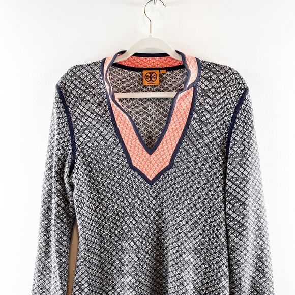 Tory Burch Colorblock Geometric Knit Tunic Sweater Top Blue Orange Small - Picture 7 of 8